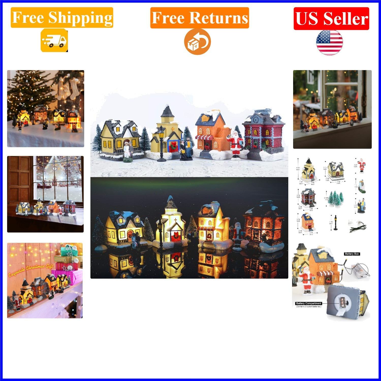 Christmas Village Set with LED Lights, Figurines, 1:24 Scale, Indoor Decor