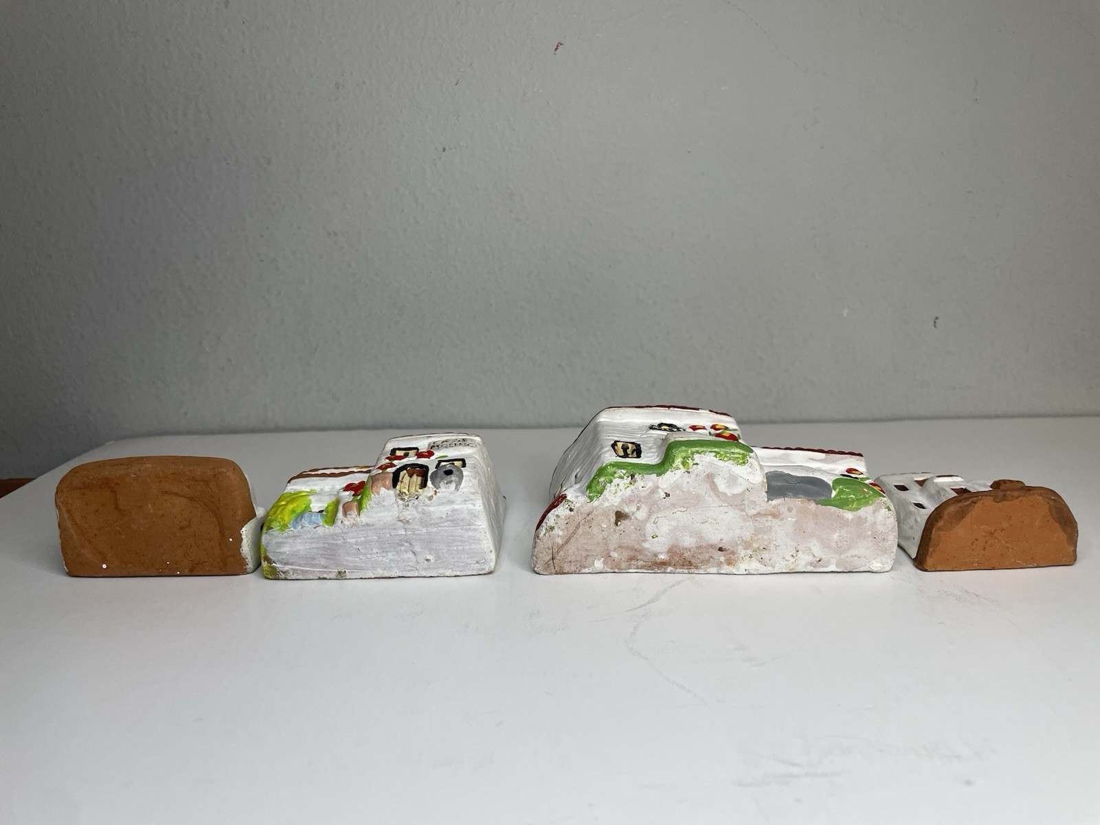 Set Of 4 Spanish Terracotta Miniature Hand Painted Pottery Buildings/Houses