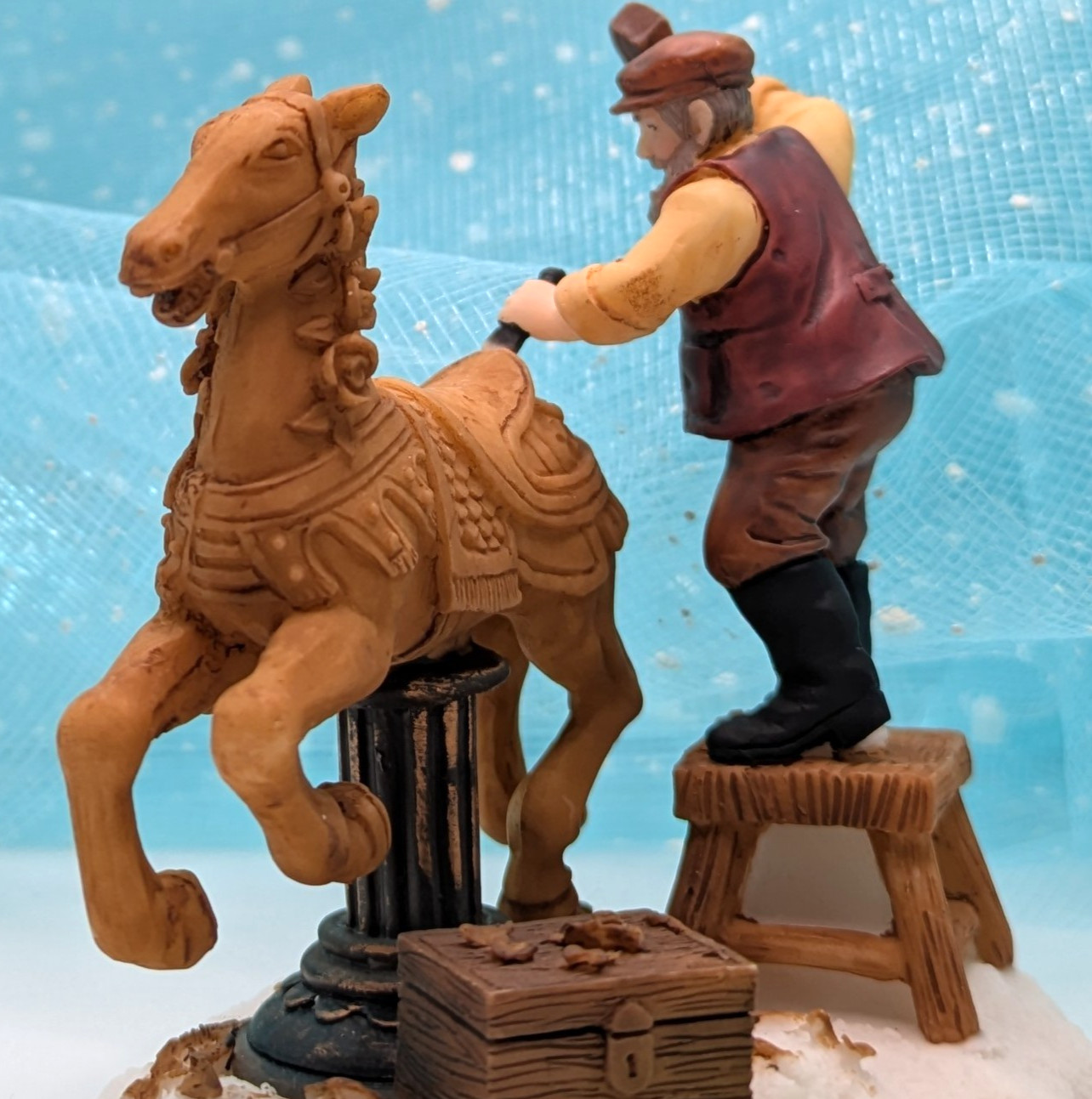 O’Well wood carver carousel horse Christmas Village Figurine partial pkg. INV561