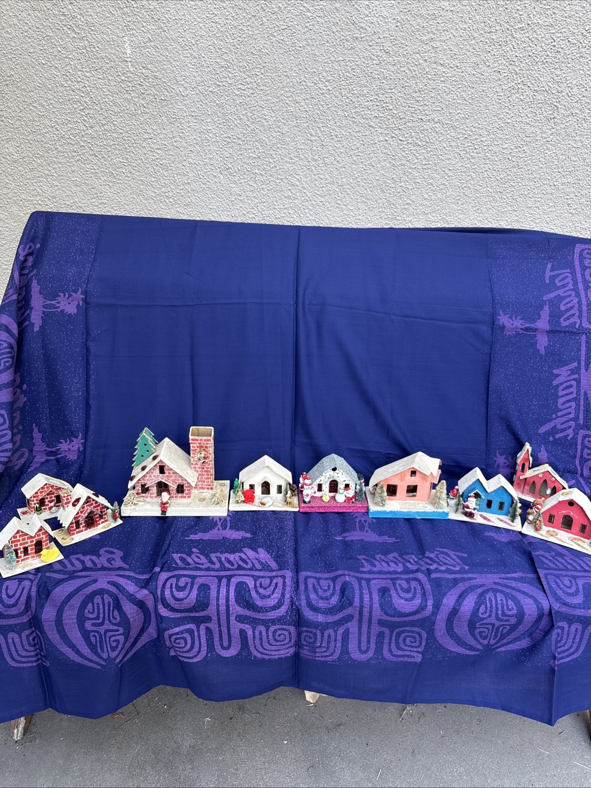 10 Vintage Cardboard Putz Mica Christmas Brick Houses Barn In Japan Embellished