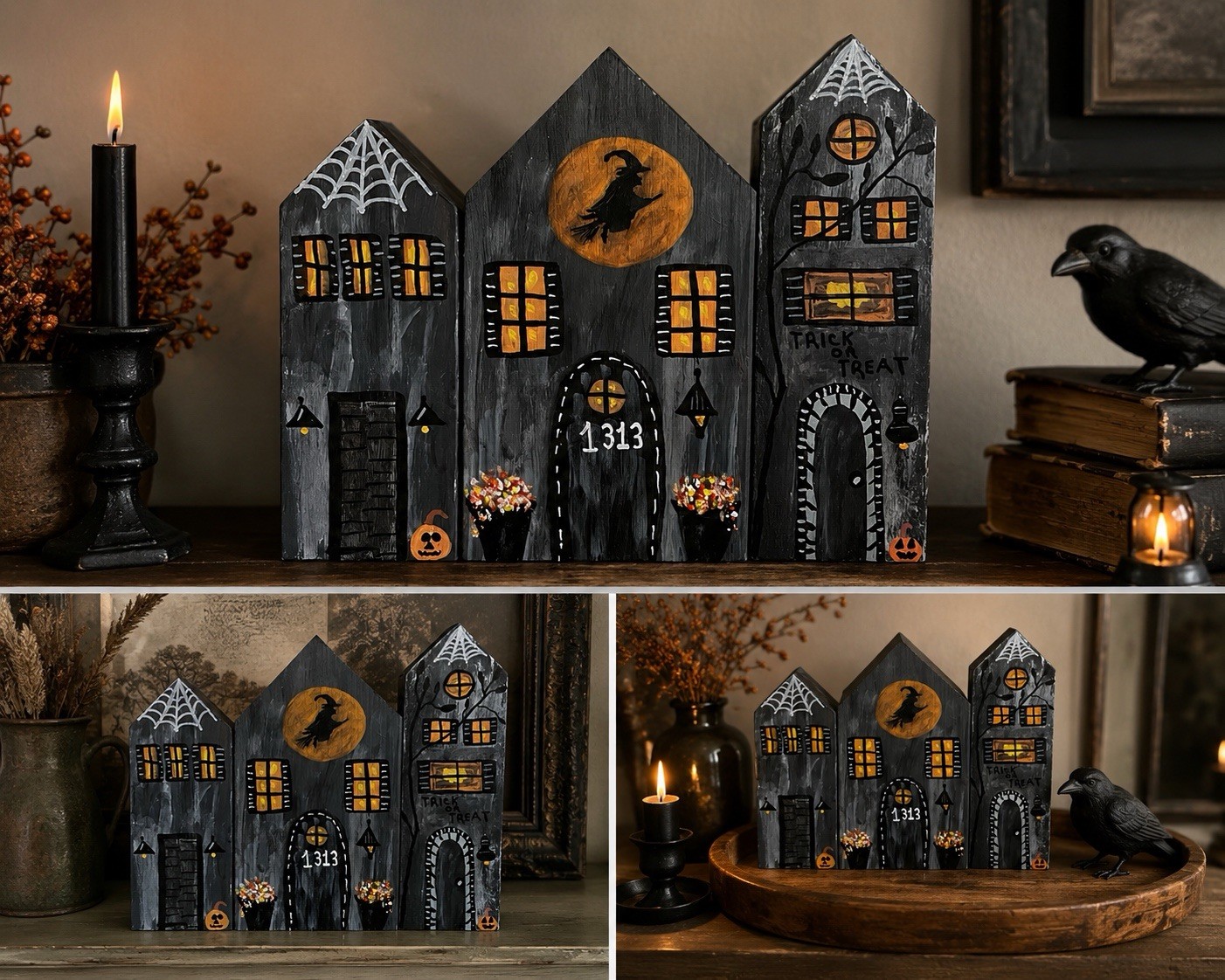 Lisa Rainwater Savill Hand Painted Wood Halloween Village Houses Set of 3