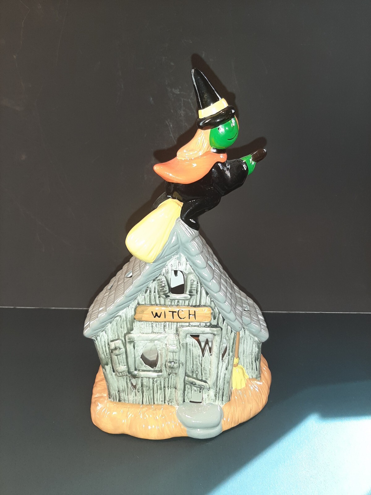 Witch House Halloween Luminary Candle Holder Ceramic Flying Broom Taiwan Vintage