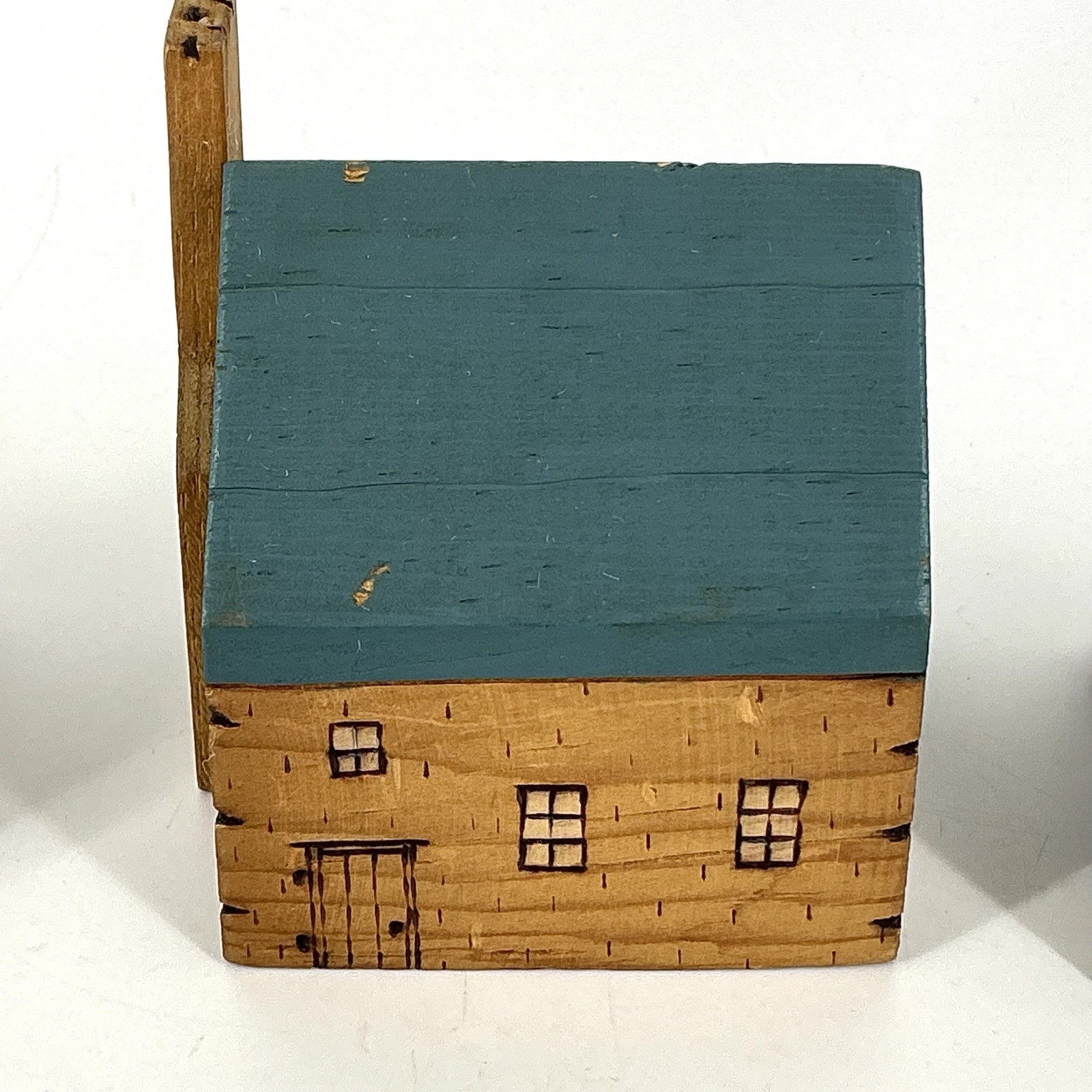 Primitive Wooden Block Houses Village Pyrography Folk Art Miniature Set Of 7