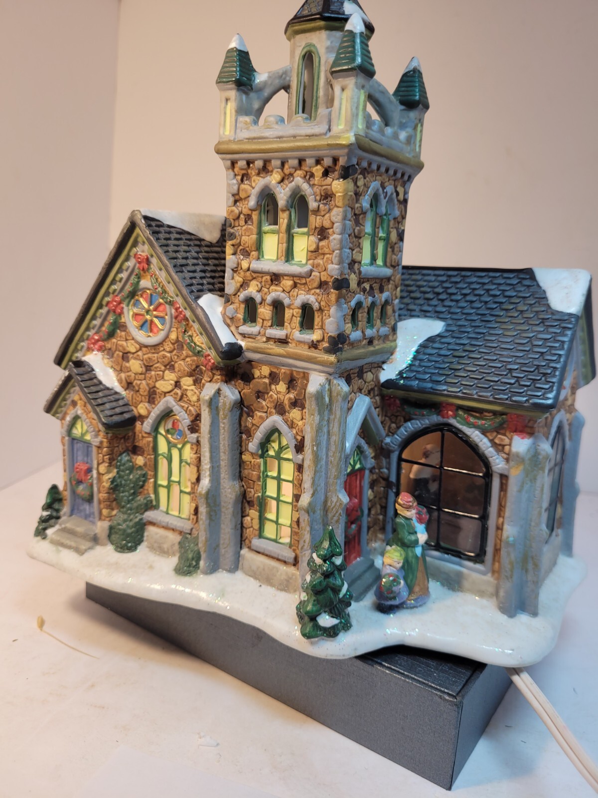 Vintage Ceramic Illuminated Village Church Window Shows Pastor Children Stone…
