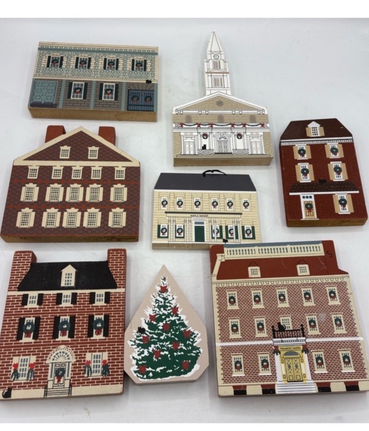 The Cats Meow Village Lot Of 8 Wooden Houses Tree 1980s 1990s Hand Signed Faline