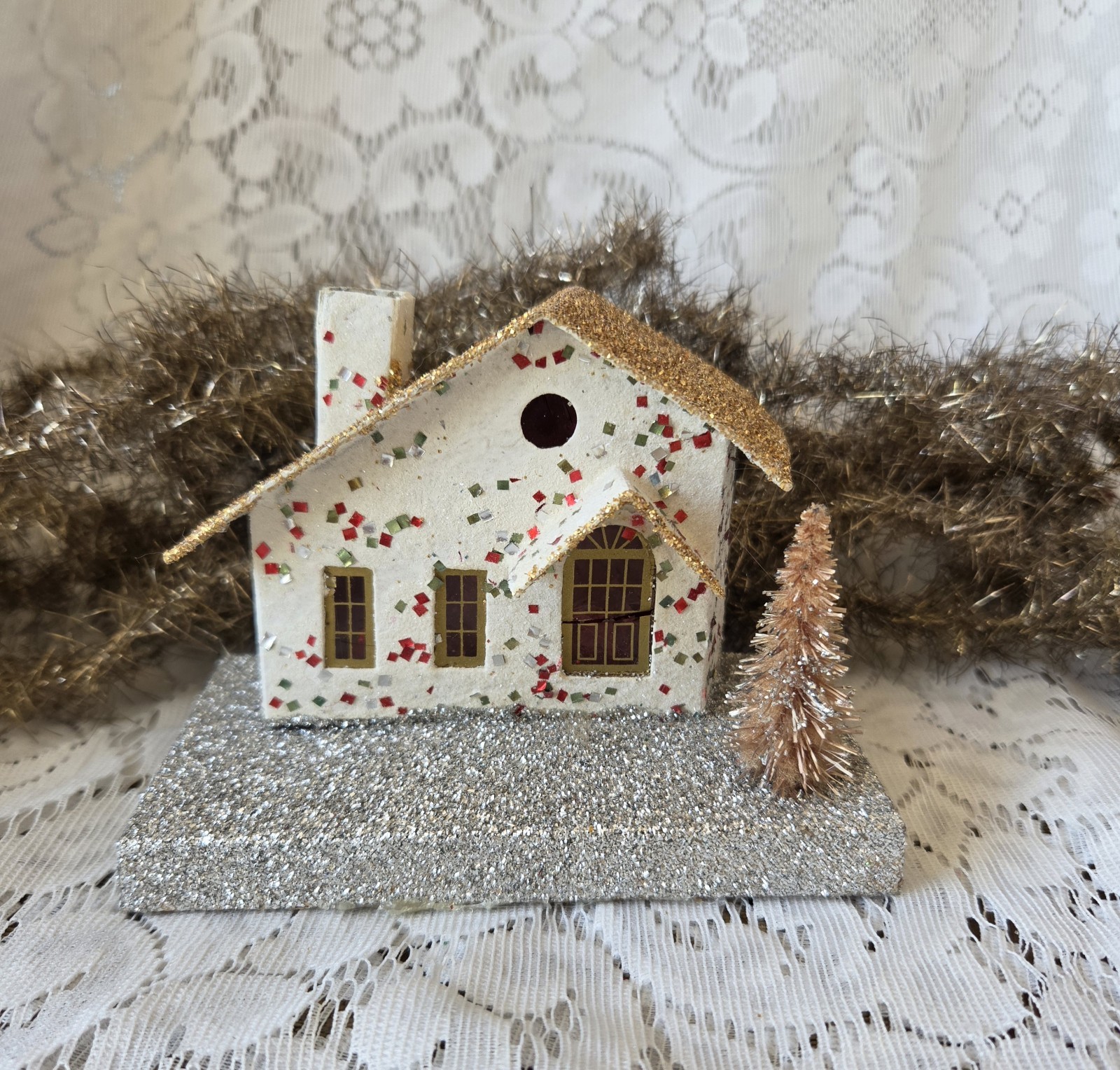 Vintage Putz Christmas Glitter House With Bottle Brush Tree Made In Japan
