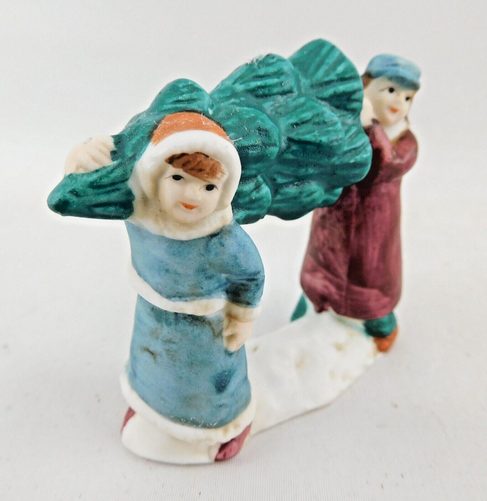 Brother and Sister Carrying Christmas Tree Figure Christmas Village Vtg Taiwan