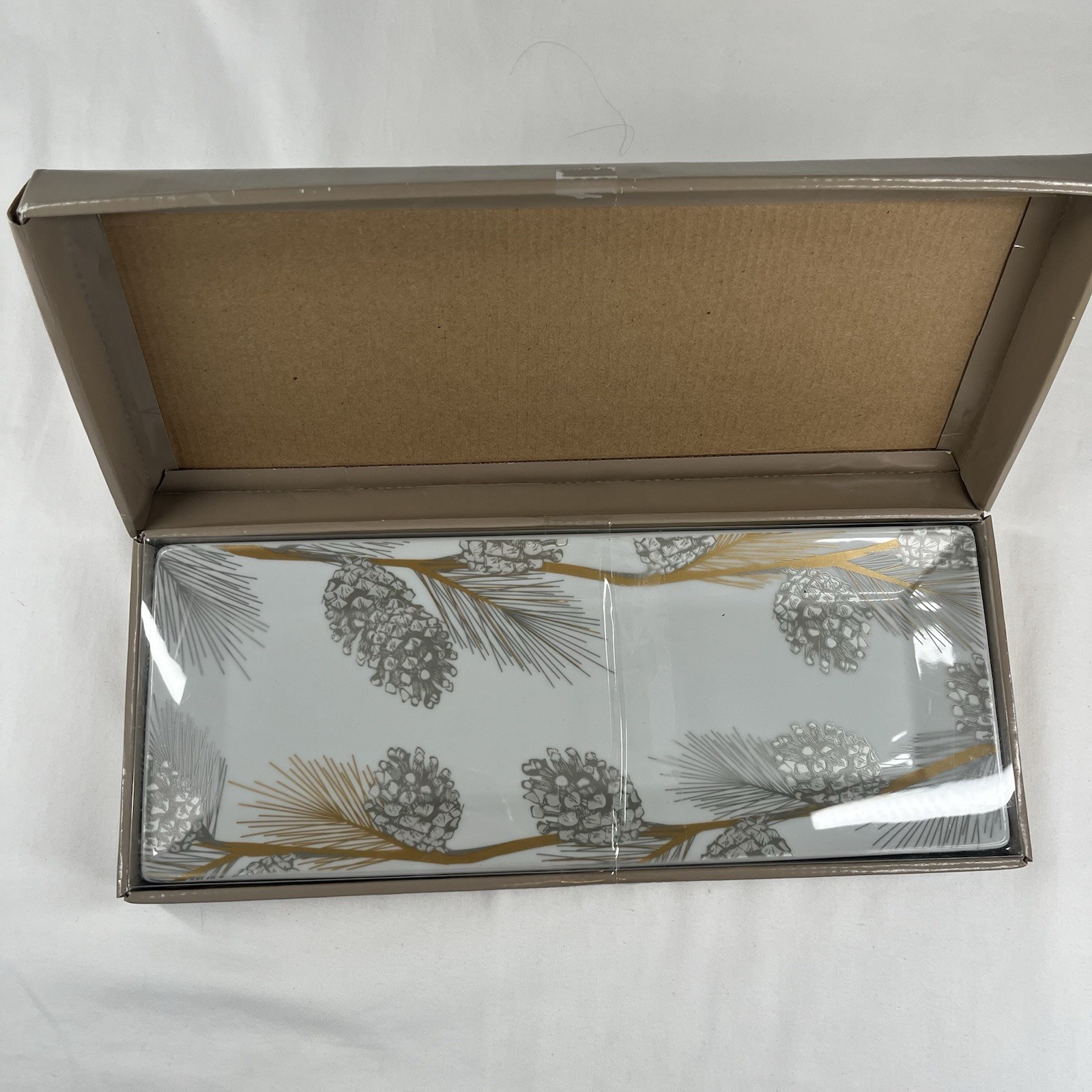 St Nicholas Square Pine Cone Treat Tray 13″ x 5″ White Rectangle in Box
