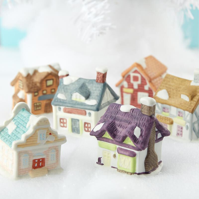 Set of 12 Miniature Snowy Painted Ceramic Christmas Village Houses