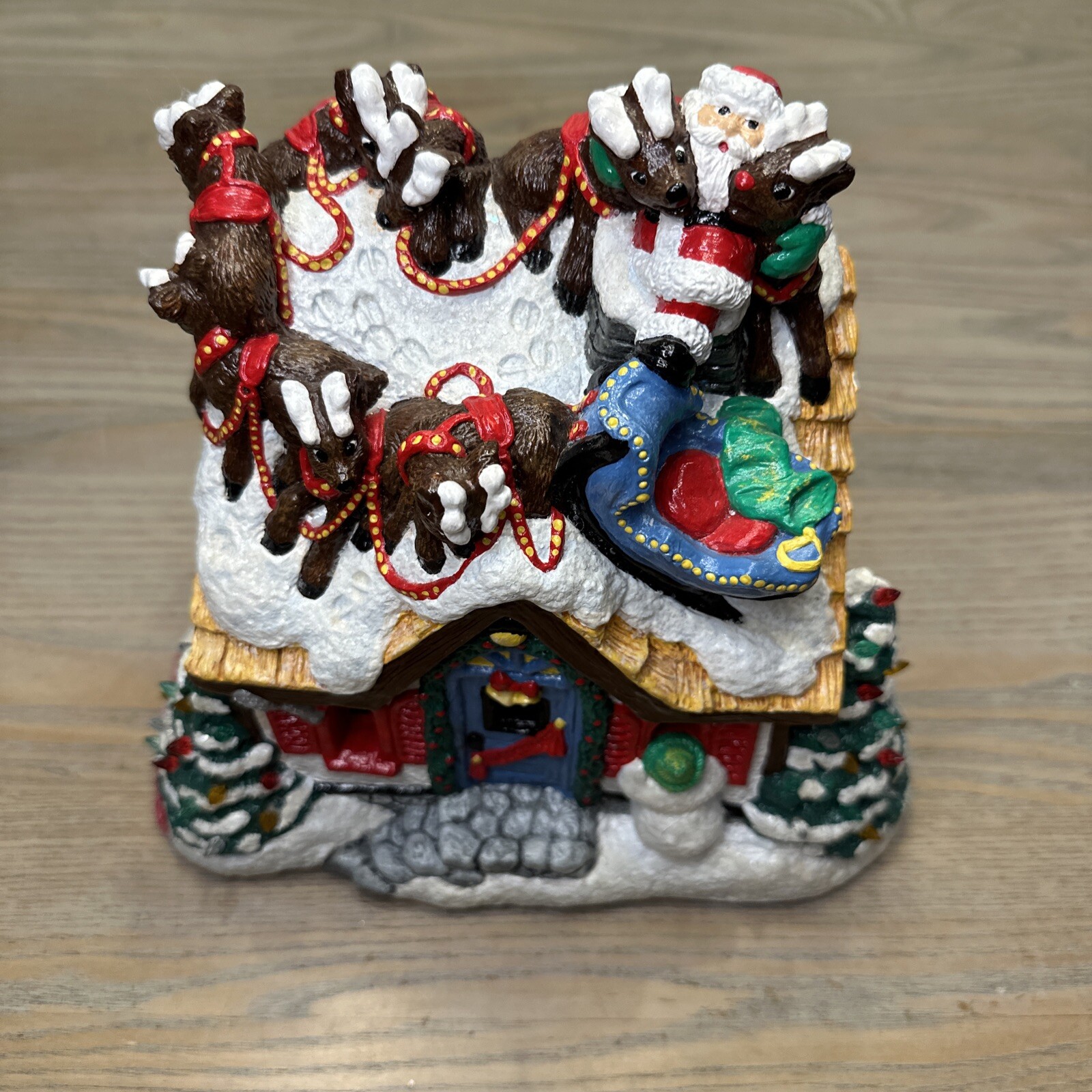 Vtg Christmas House “Up on the House Top” Santa Reindeer Snowman Plastercraft