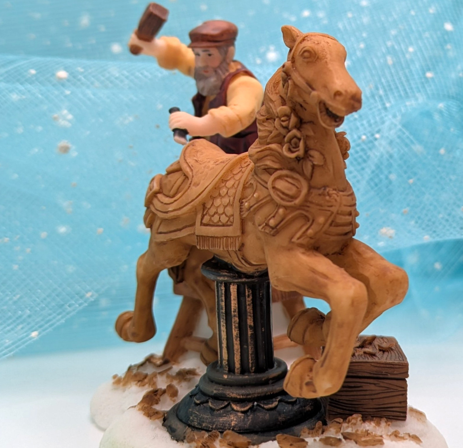 O’Well wood carver carousel horse Christmas Village Figurine partial pkg. INV561