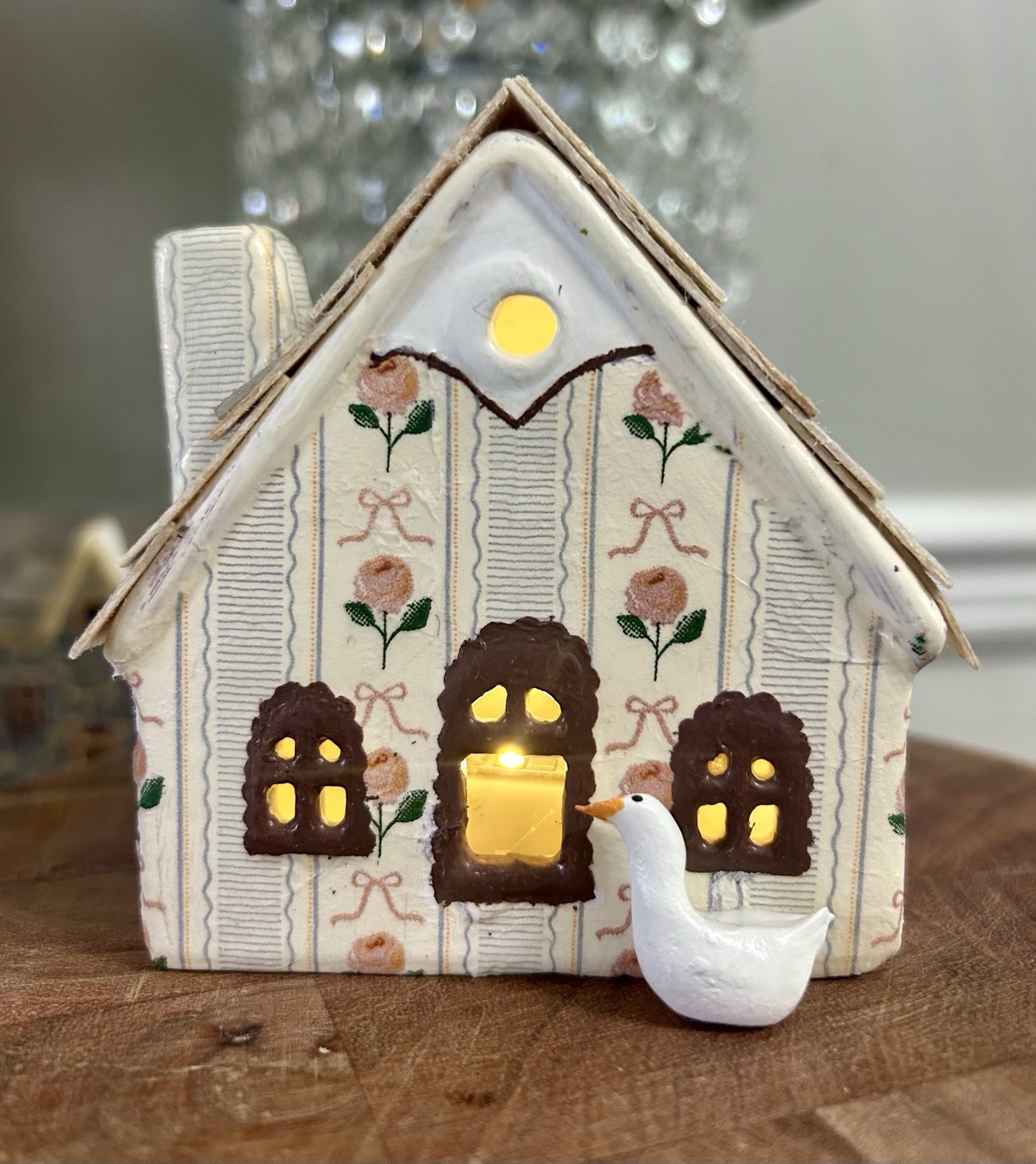 Small Light Up Cottage, Handmade Goose, Thatched Roof, Cottagecore Grandmacore