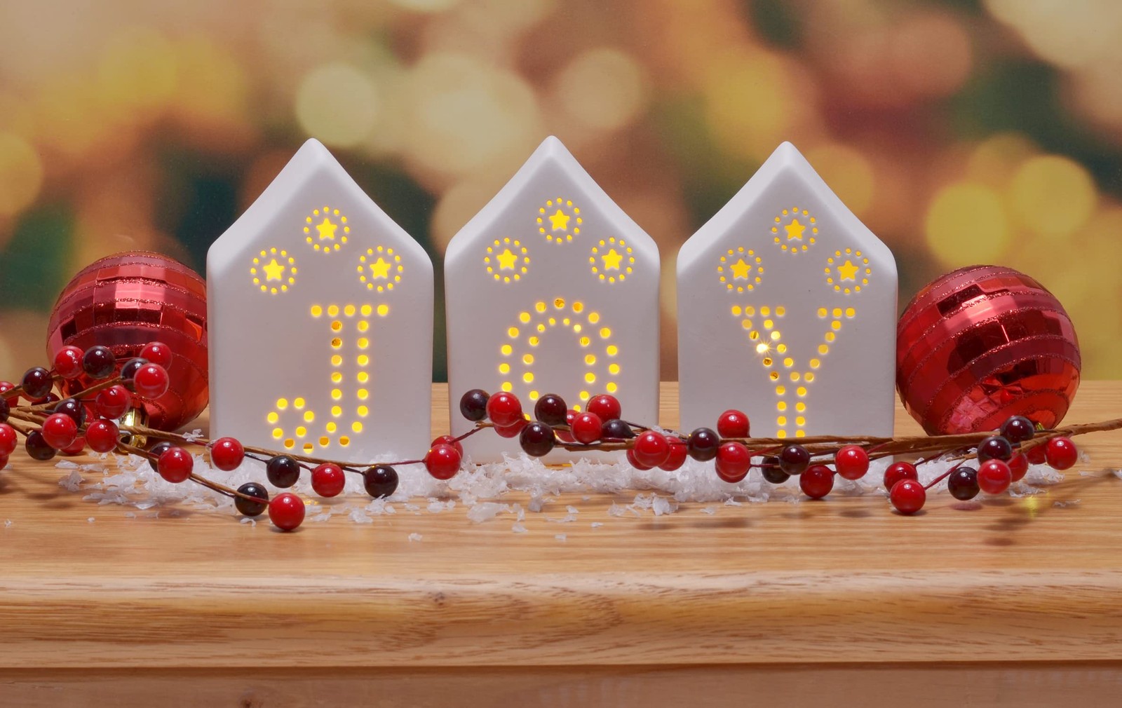3 PCS White Porcelain Joy Holiday Houses Set 4 Inch Christmas Decor