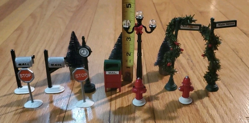 Vintage Christmas Village Decor Dept 56 and Other Mail Box Street Lamp Road Sign