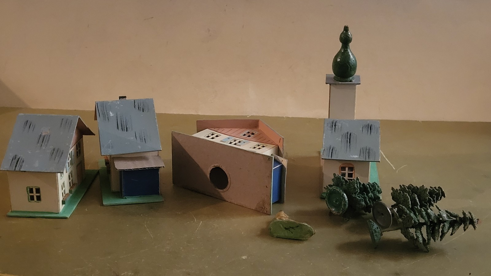 Antique German Putz Bavarian Alpine Christmas Village Cardboard Set w Acces.