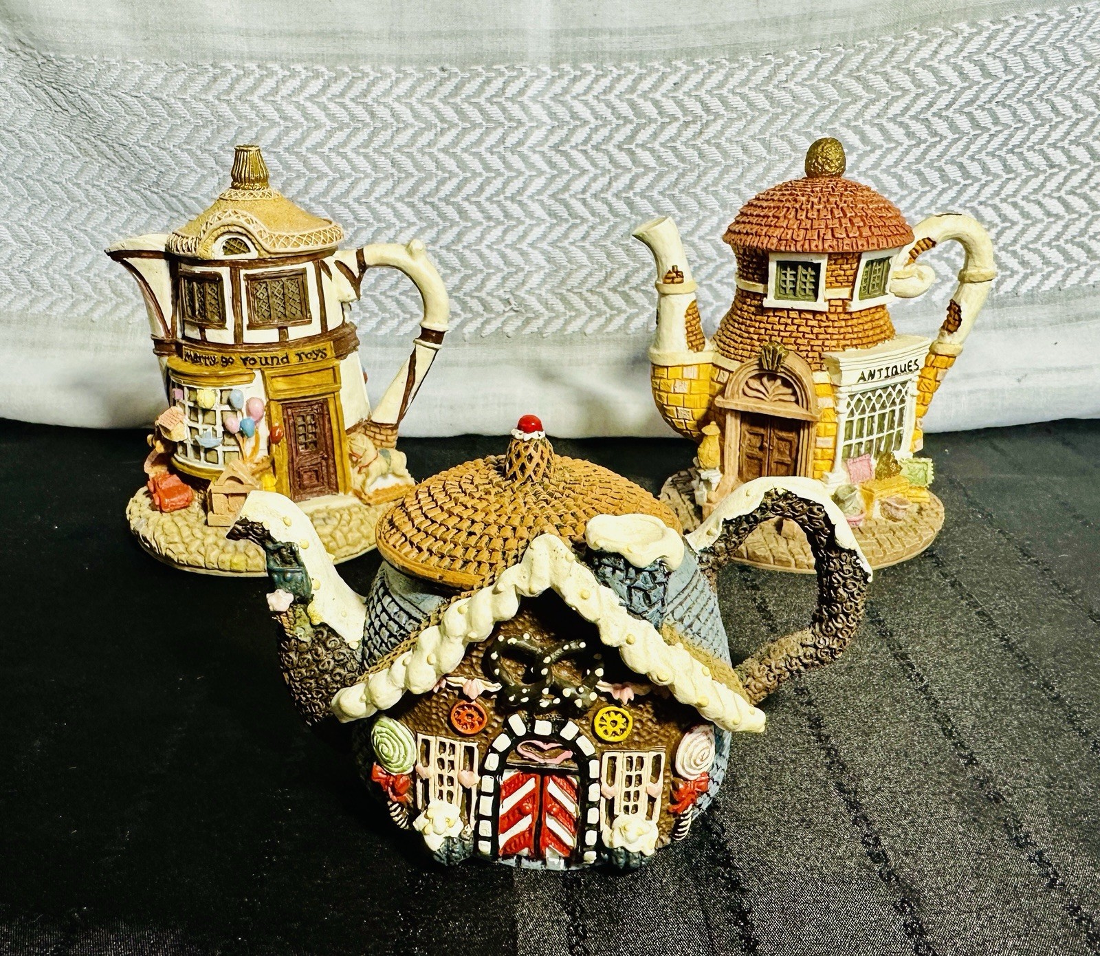 Lot Of 3 VTG Hometown Teapot Cottages-Antique Store, Merry Go Round Toy Store, &