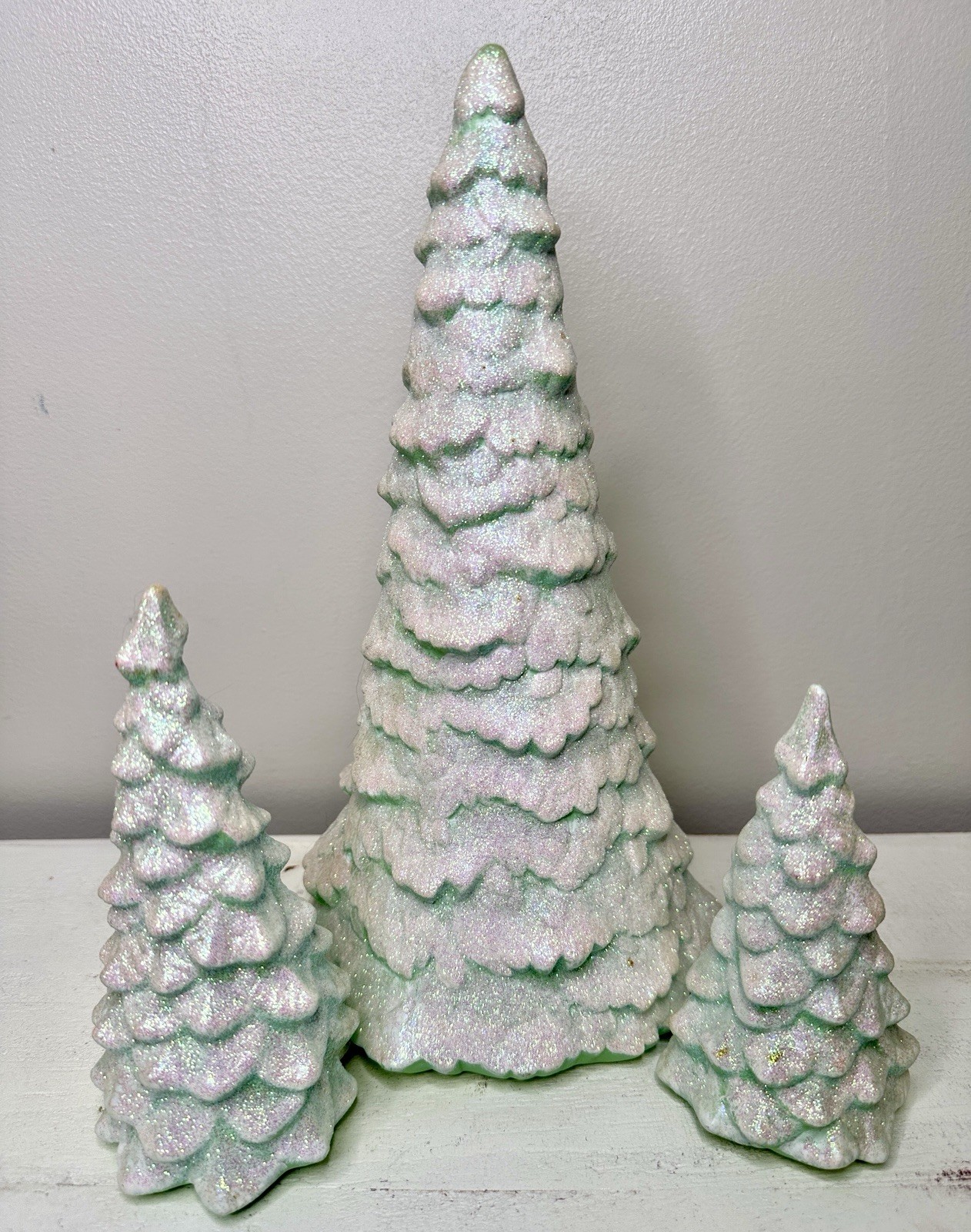 3 Vintage Green Ceramic Christmas Trees White Snow Glitter Frosted Model Village