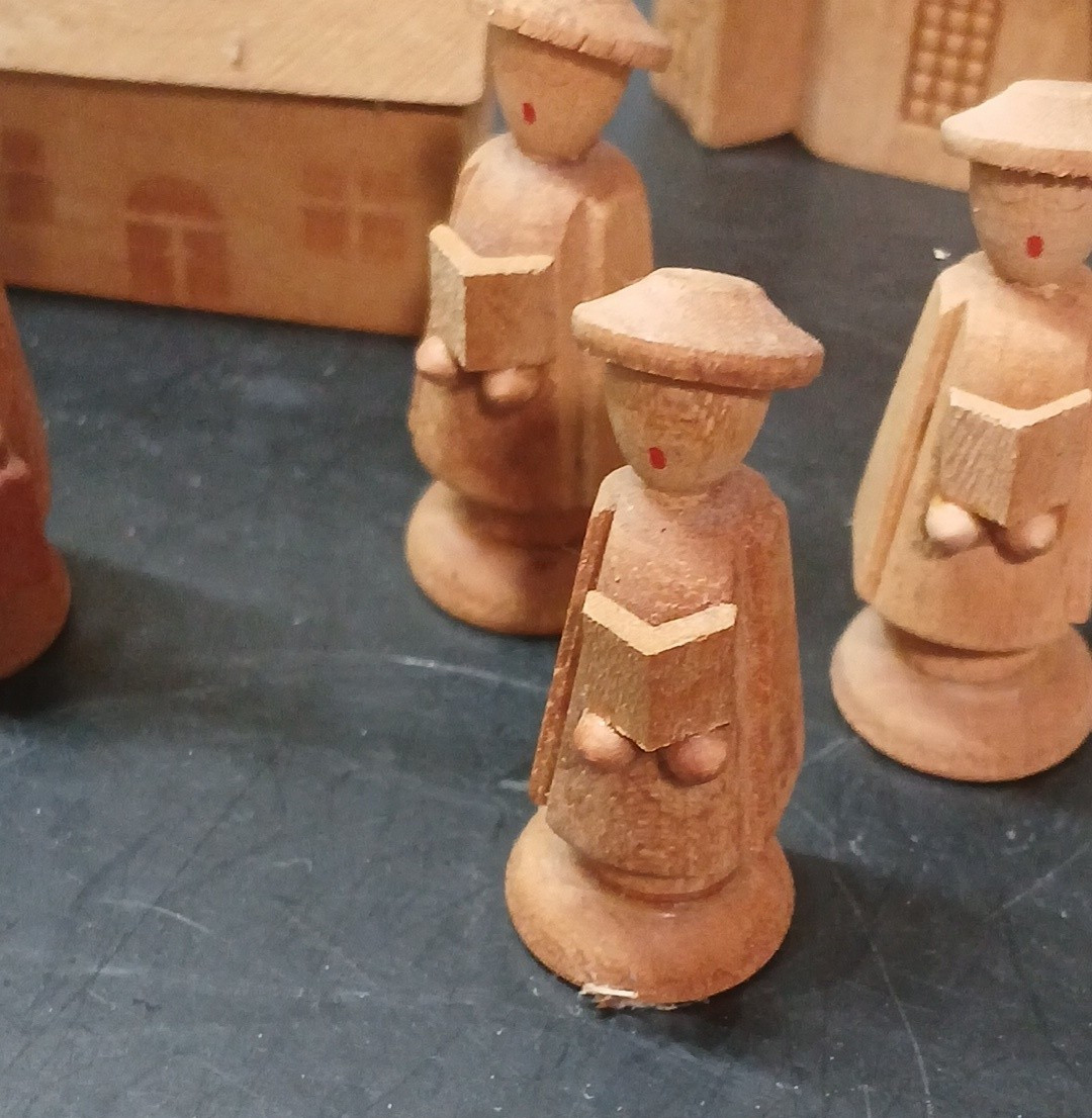 9 Piece VTG German Dominican Republic Wood Miniature Village Church Trees Chior