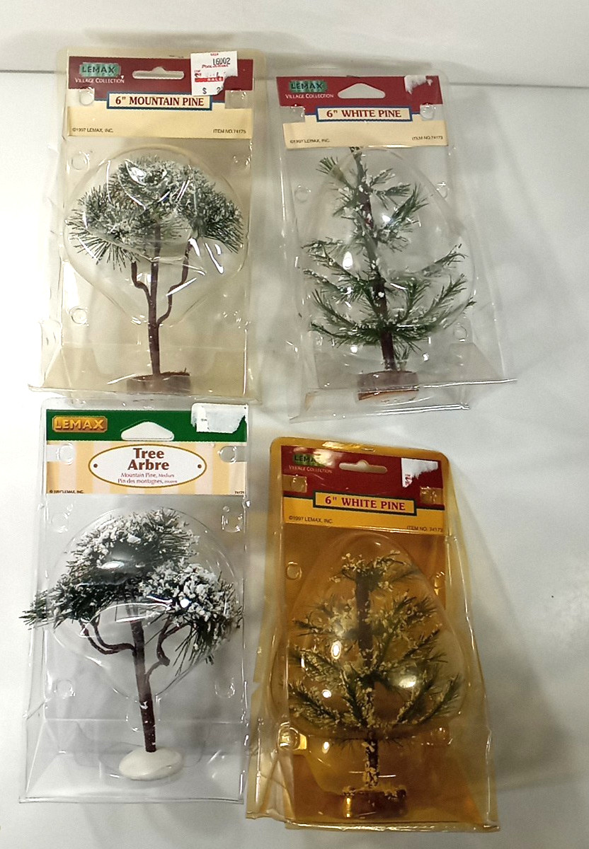 1997 Lot of 4 LEMAX Medium 6″ Snow Flocked White Pine Tree & Arbor 74173 & 74175