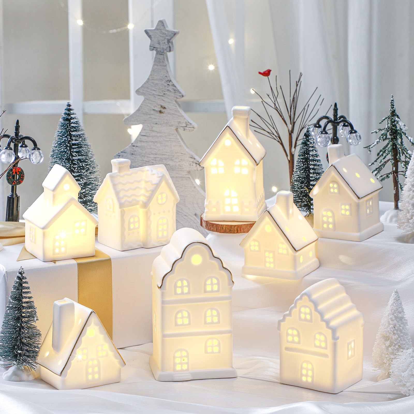 28 Pcs Ceramic LED White Christmas Village Set Include 8 LED White Christmas …