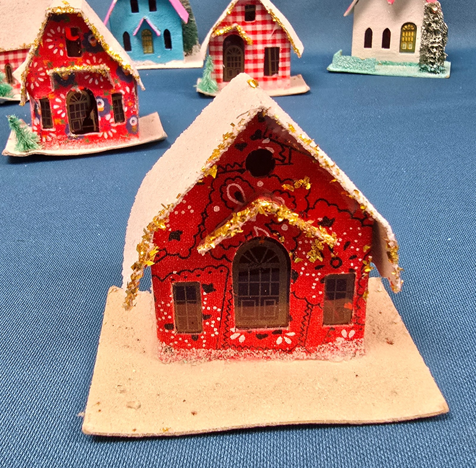 Vintage lot of 6 Putz Mica Christmas Houses Cardboard Made in Japan & Taiwan