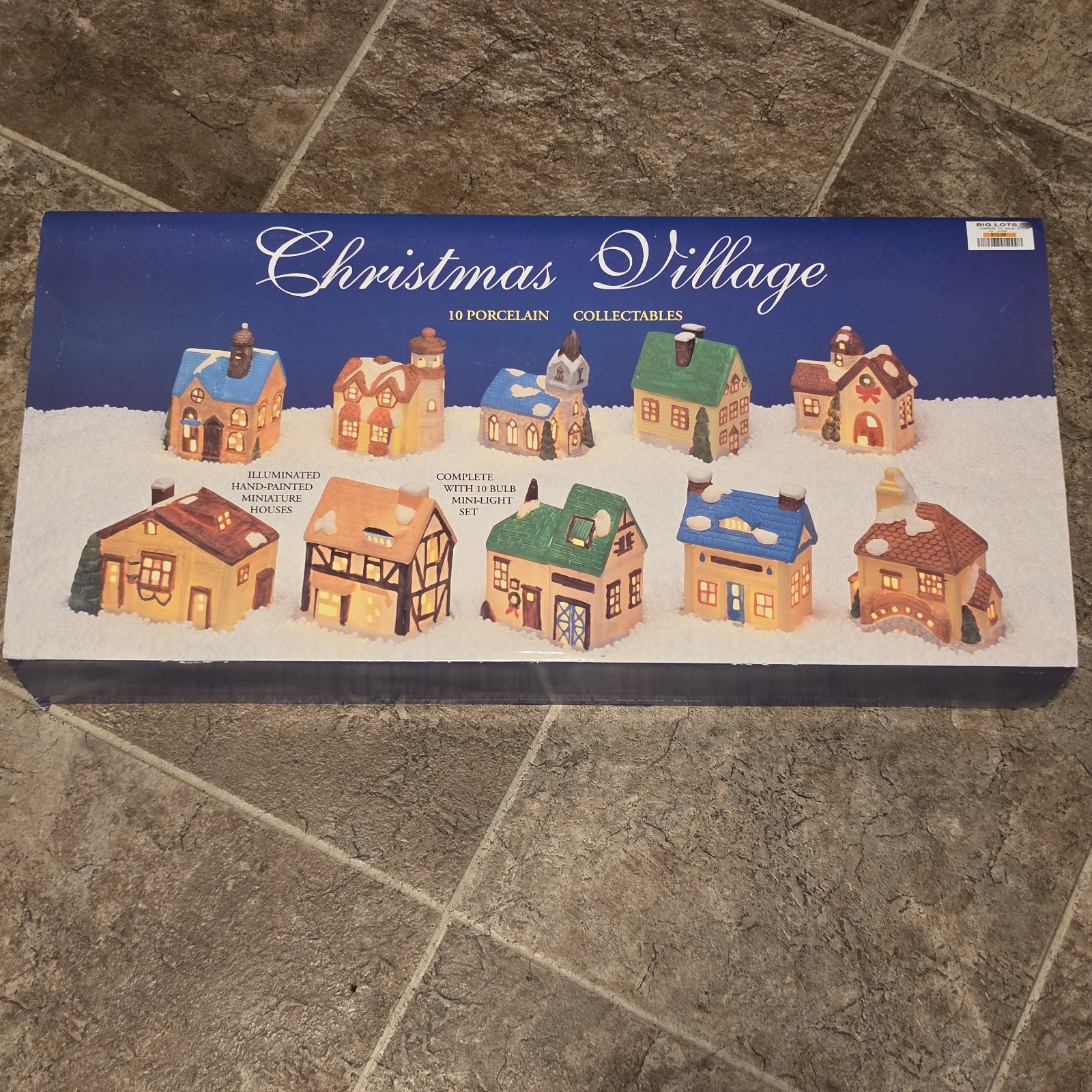 Vintage Porcelain Christmas Village 10 Piece Set Hand Painted Illuminated Boxed