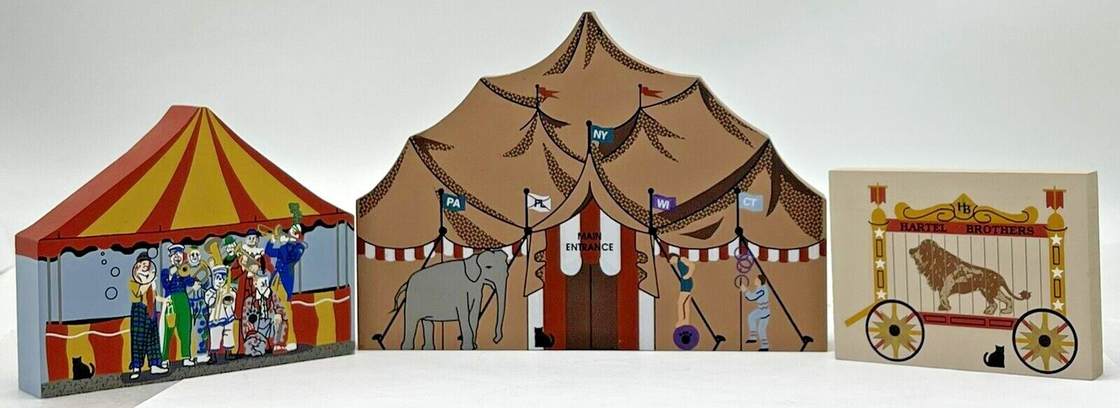 Cat’s Meow Wood 3 Piece Circus Series Clowns Big Top Lion Faline Jones Vintage