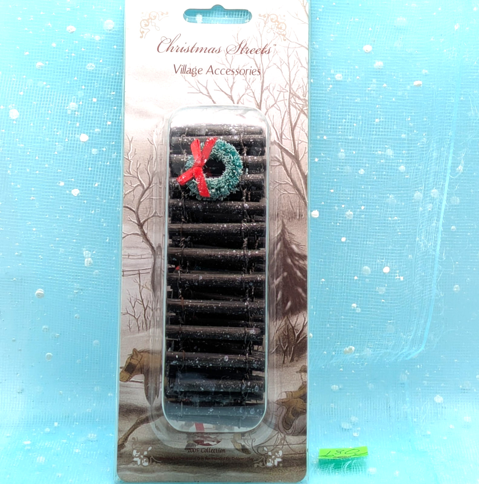 Rustic snow speckled fence wreath embellished Christmas Village Accessory INV180