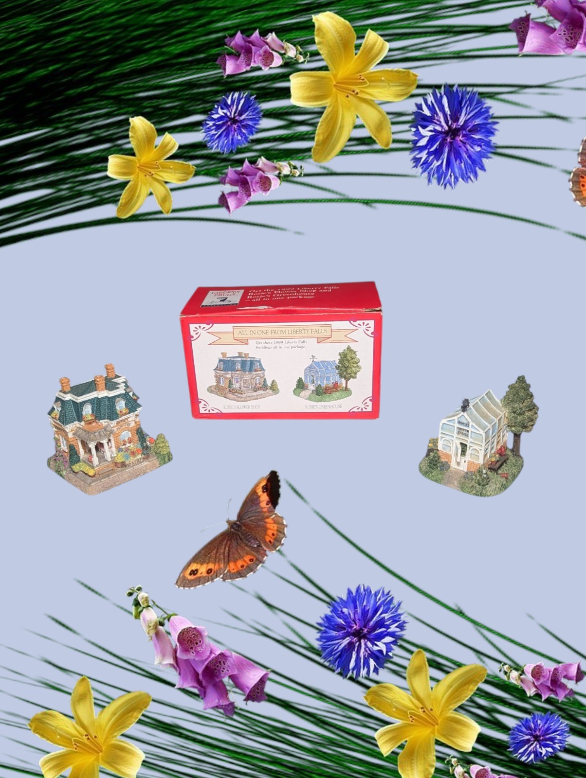 LIBERTY FALLS All In One ROSIES FLOWER SHOP & GREENHOUSE 2 Piece Set Resin House