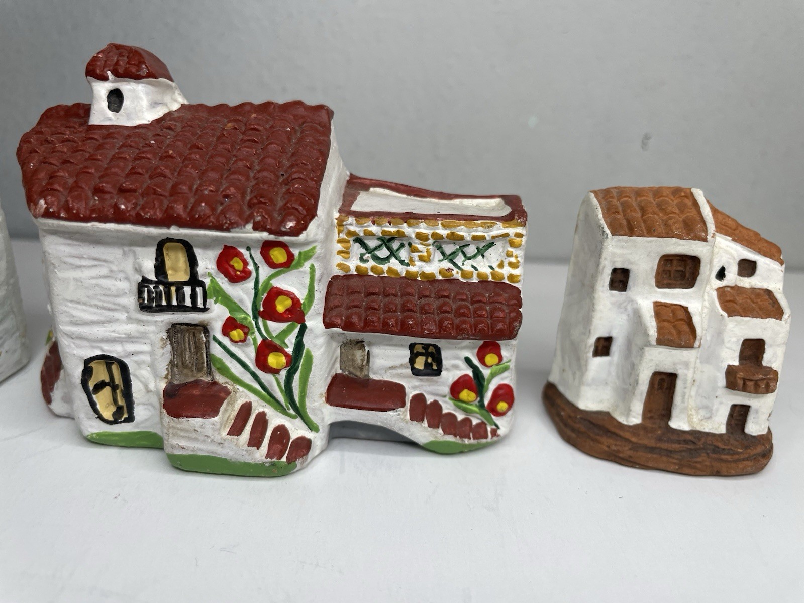 Set Of 4 Spanish Terracotta Miniature Hand Painted Pottery Buildings/Houses