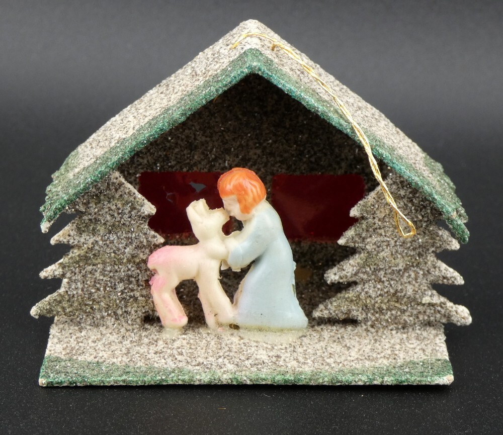 Vintage Christmas Putz Cardboard Mica House Celluloid Angel and Reindeer Japan