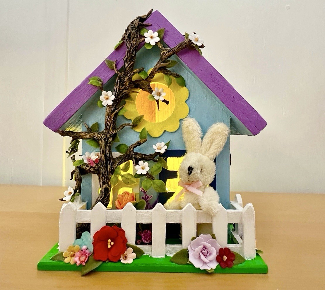 New Original Medium Blue Wooden Easter Village House with Lights and Fuzzy Bunny