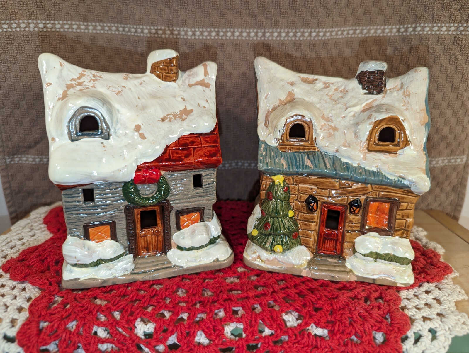 Christmas Village Houses Set Of Two Vintage Painted Taiwan, Can Be Lighted CUTE!