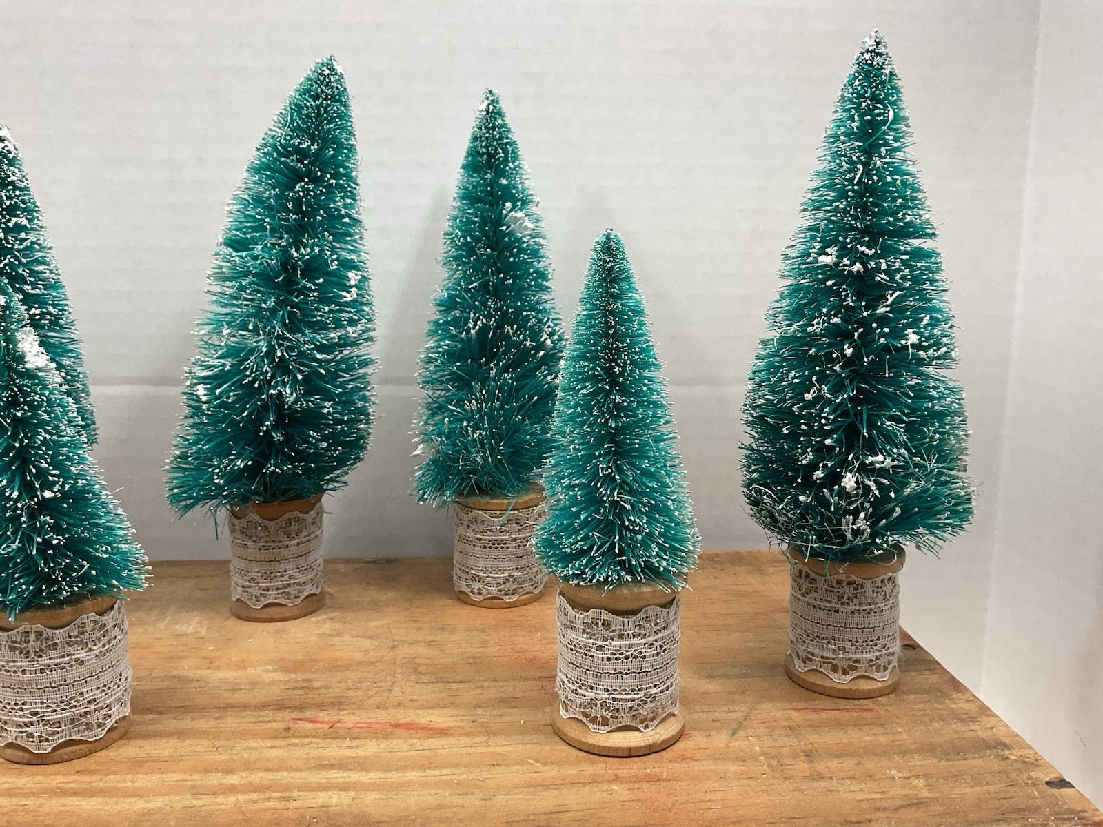 Bottle Brush Trees Vintage Wooden Thread Spools 4-7 Inch Lot Of 8 Lace