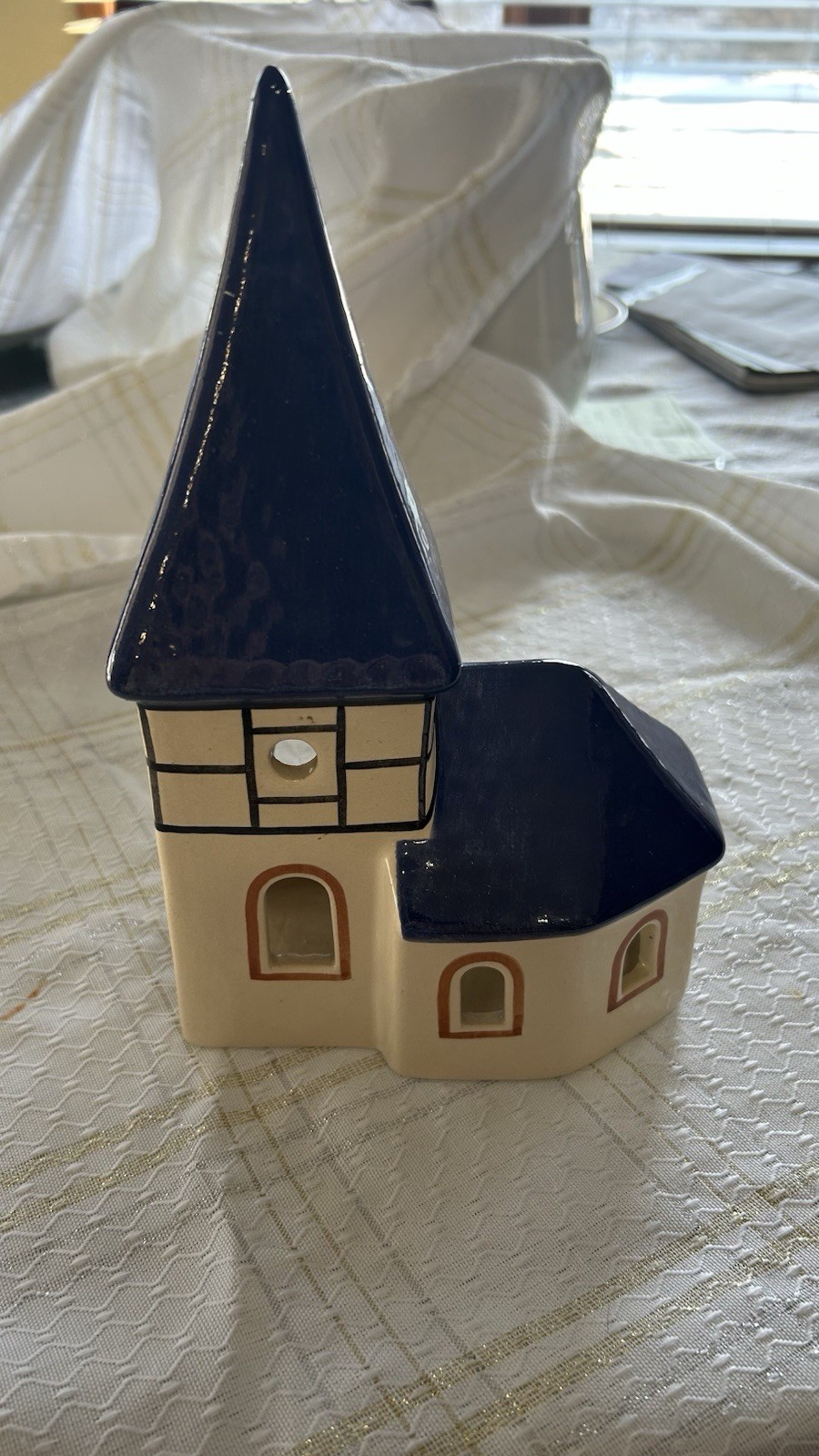 Räuchermann Ceramic Village House Blue Roof Traditional Glossy Decor