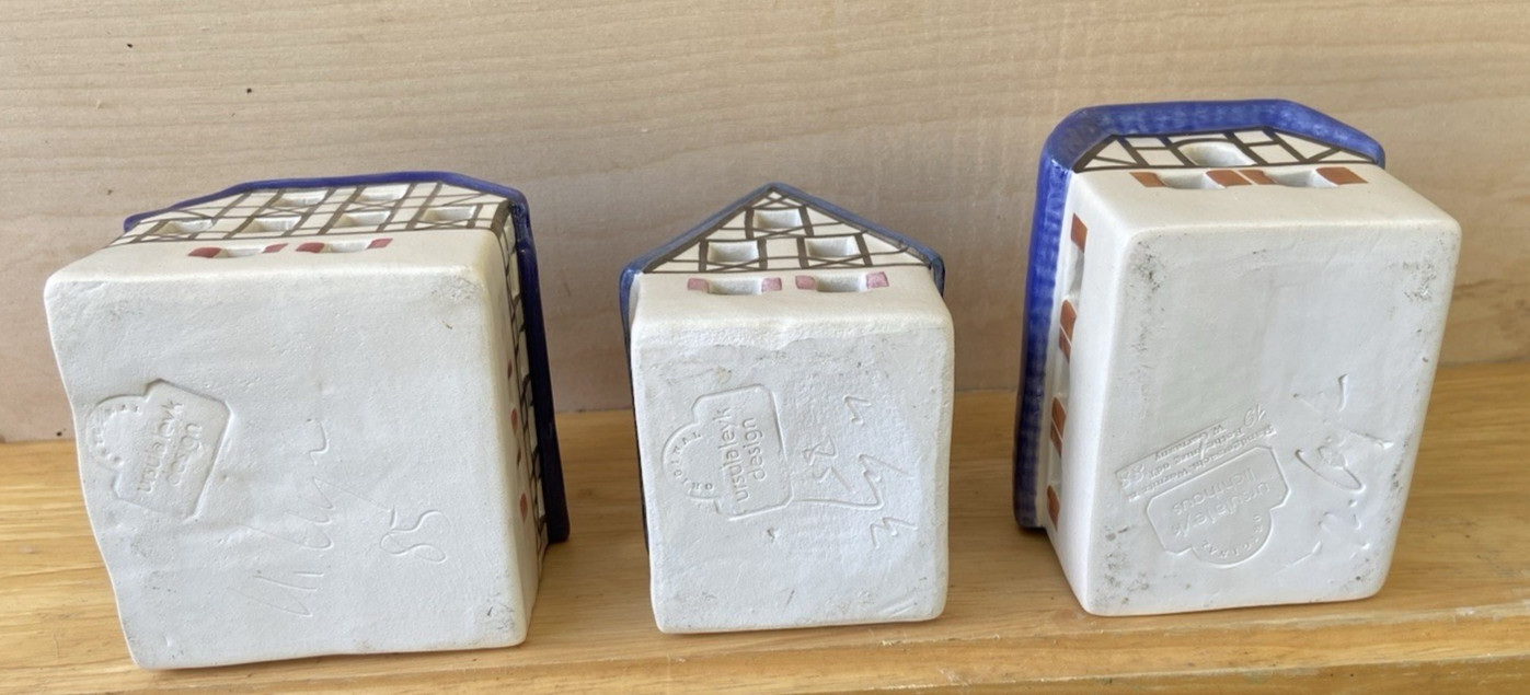 Set of 3 Vintage Ursula Leyk Tea Light Cottages`w/Blue Roofs~Dated 1985 and 1988