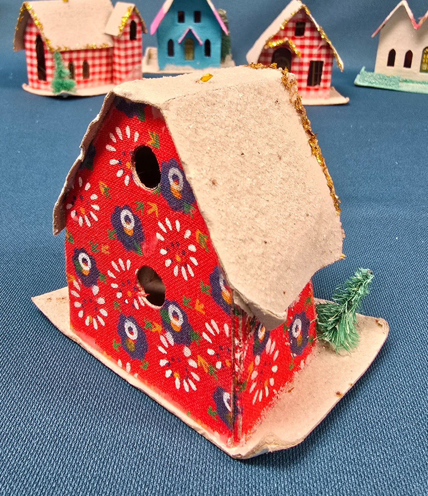 Vintage lot of 6 Putz Mica Christmas Houses Cardboard Made in Japan & Taiwan