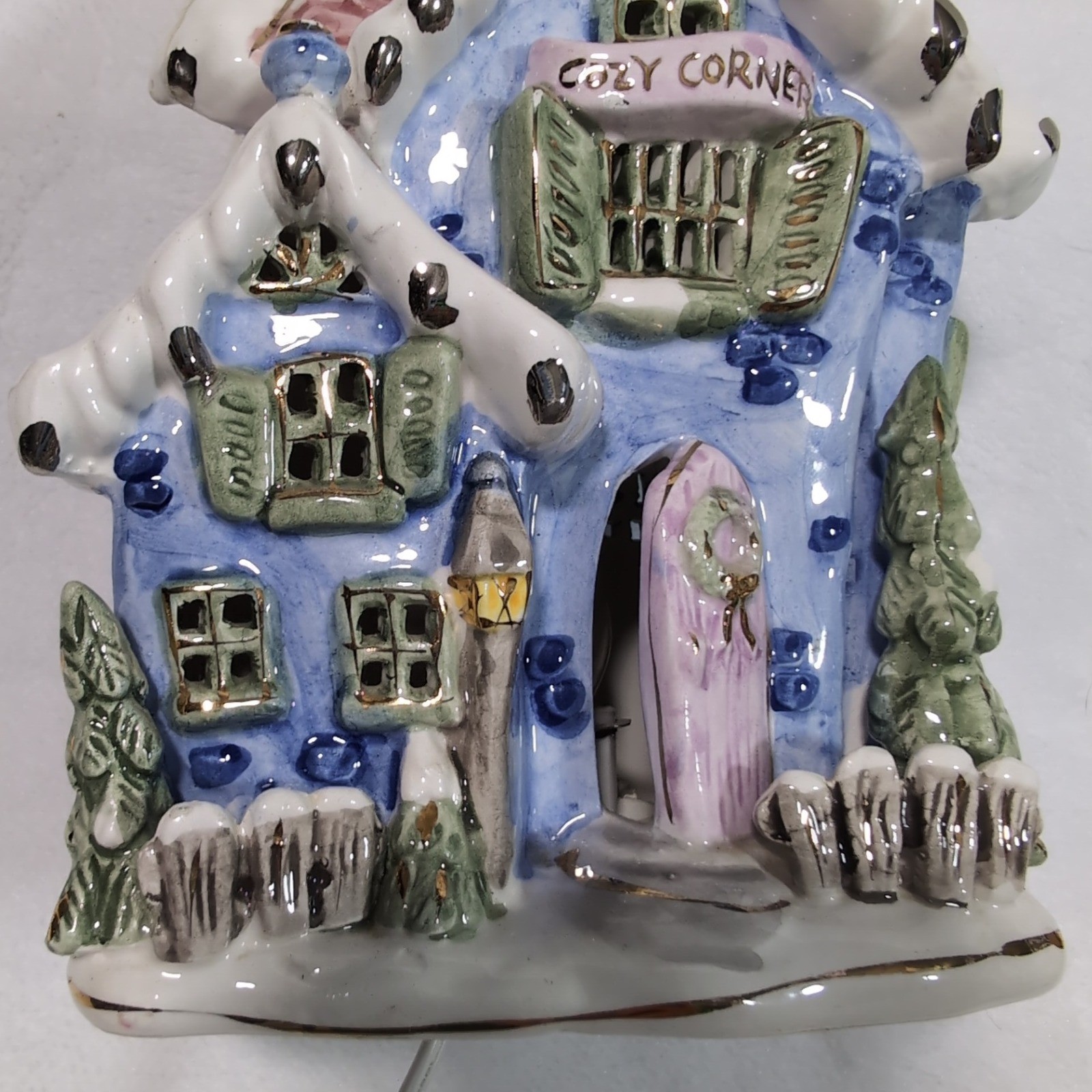 Vintage Cozy Corner Cottage ~Blue Pink Ceramic~ Lighted Christmas House~ Pastel