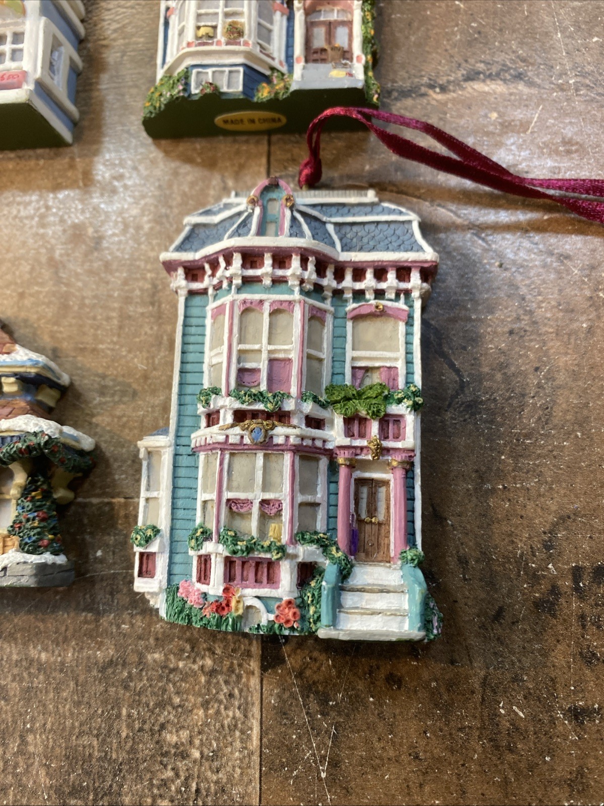 Set of 4 Vintage Victorian House 3D Ornaments Wall Hanging Hand Painted Resin
