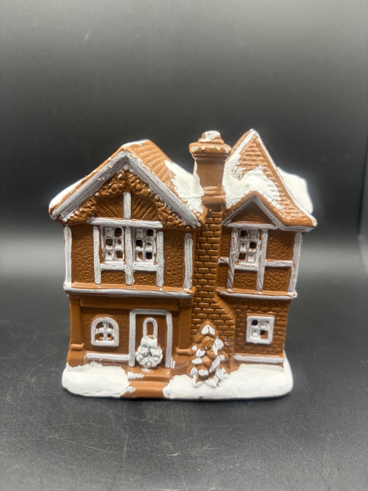 Ceramic Christmas Village House Hand Painted Brown White Snow 4.5in Decor