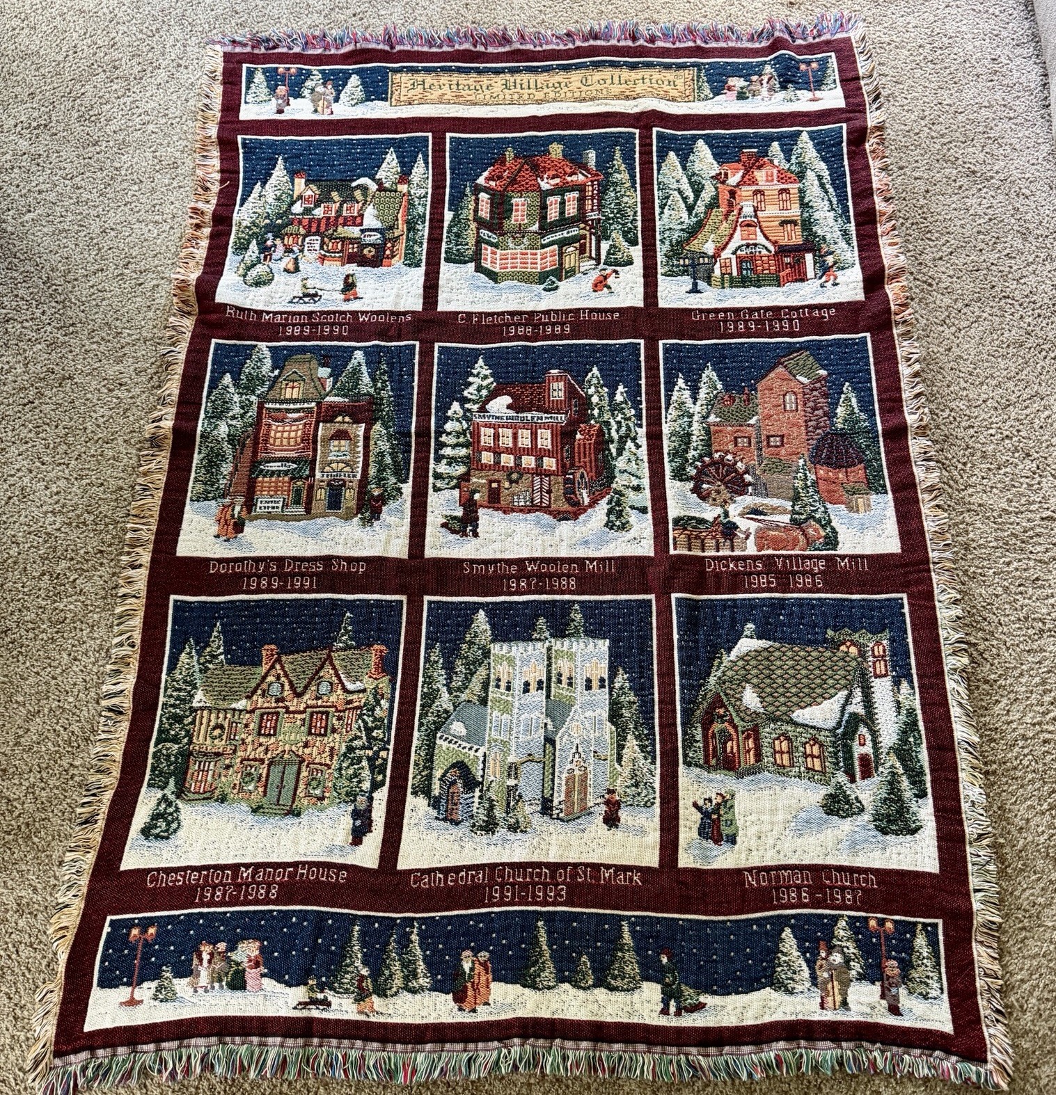 Vintage Heritage Village Collection Christmas Holiday Village Woven Throw Afghan