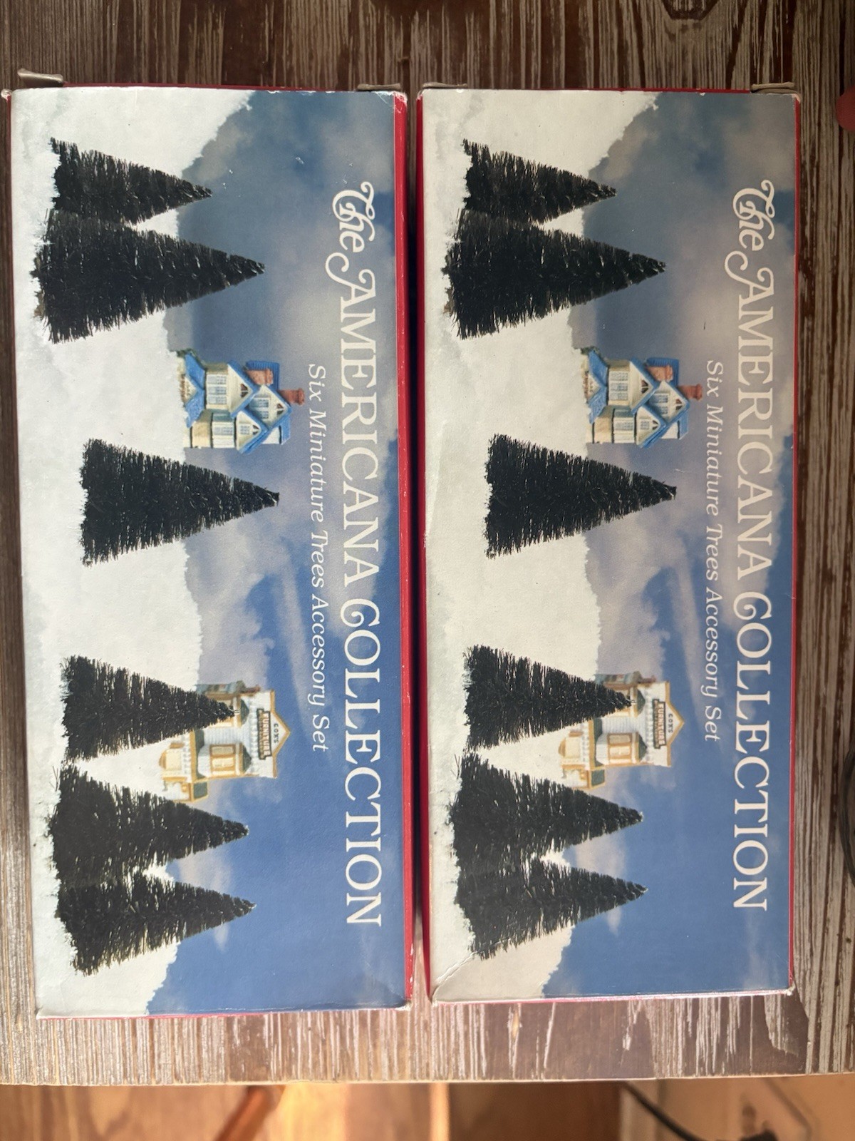 Americana Collection Miniature Trees 6pc Boxed Set Blue Seasonal 1990s