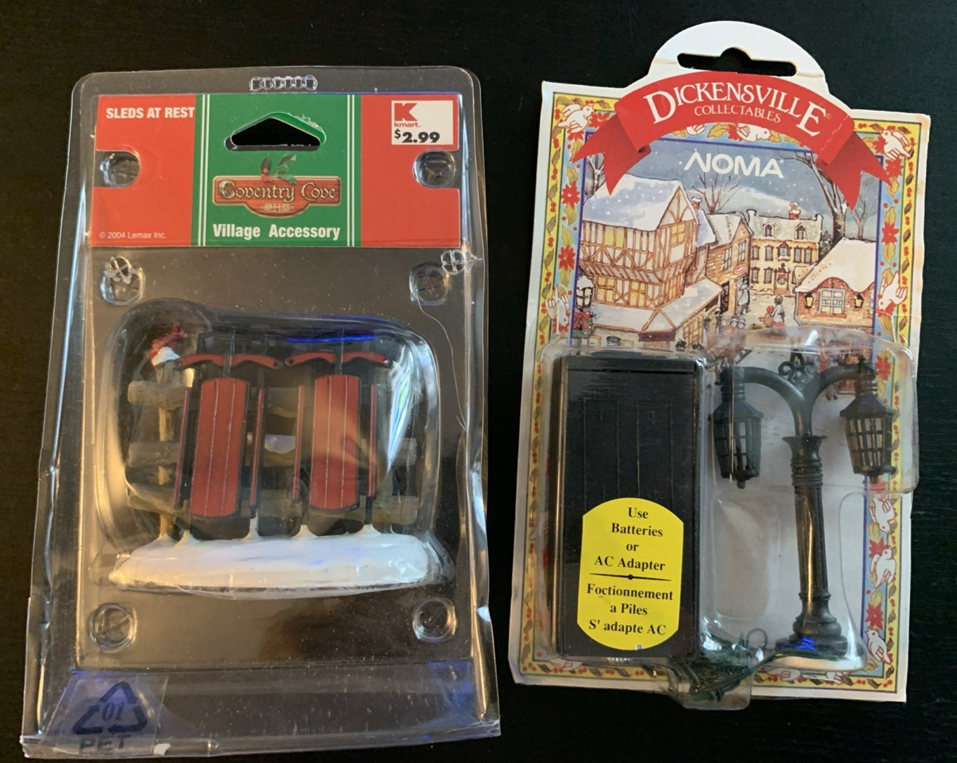 Lot Of 2 Christmas Village Accessories Sleds At Rest & Lighted Street Lamp New