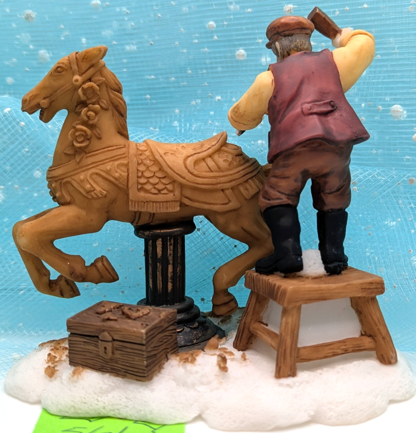 O’Well wood carver carousel horse Christmas Village Figurine partial pkg. INV561