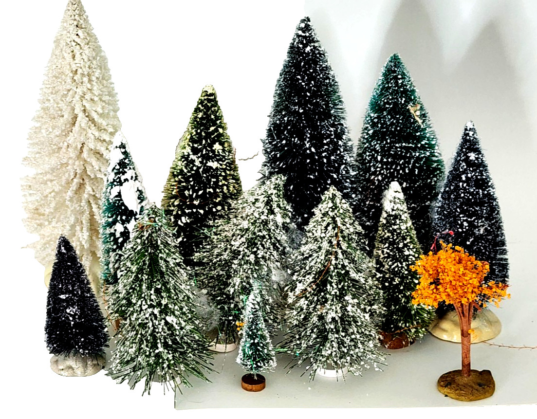 14 Christmas Village Trees Mixed Lot Snowy Pine Bottle Brush 2.5–9in