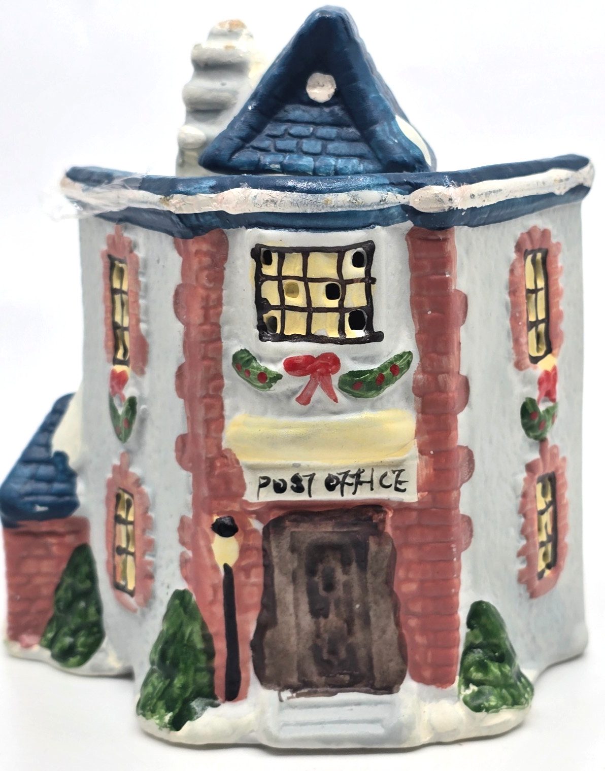 Vintage Christmas Village Post Office Ceramic Tea Light Candle Holder