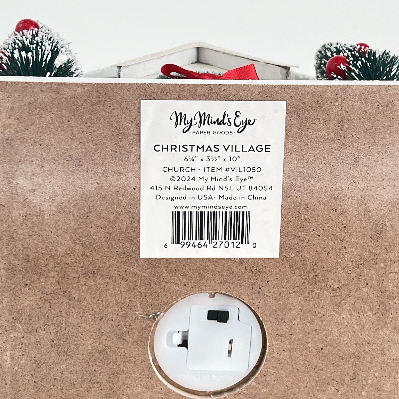 My Minds Eye Christmas Village Church Steeple Pine Trees Wreath Lighted Glitter