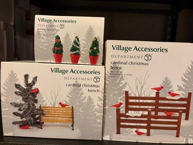 Department 56 Christmas Cardinal Bench, Cardinal Fence and Holiday Spruce Tops