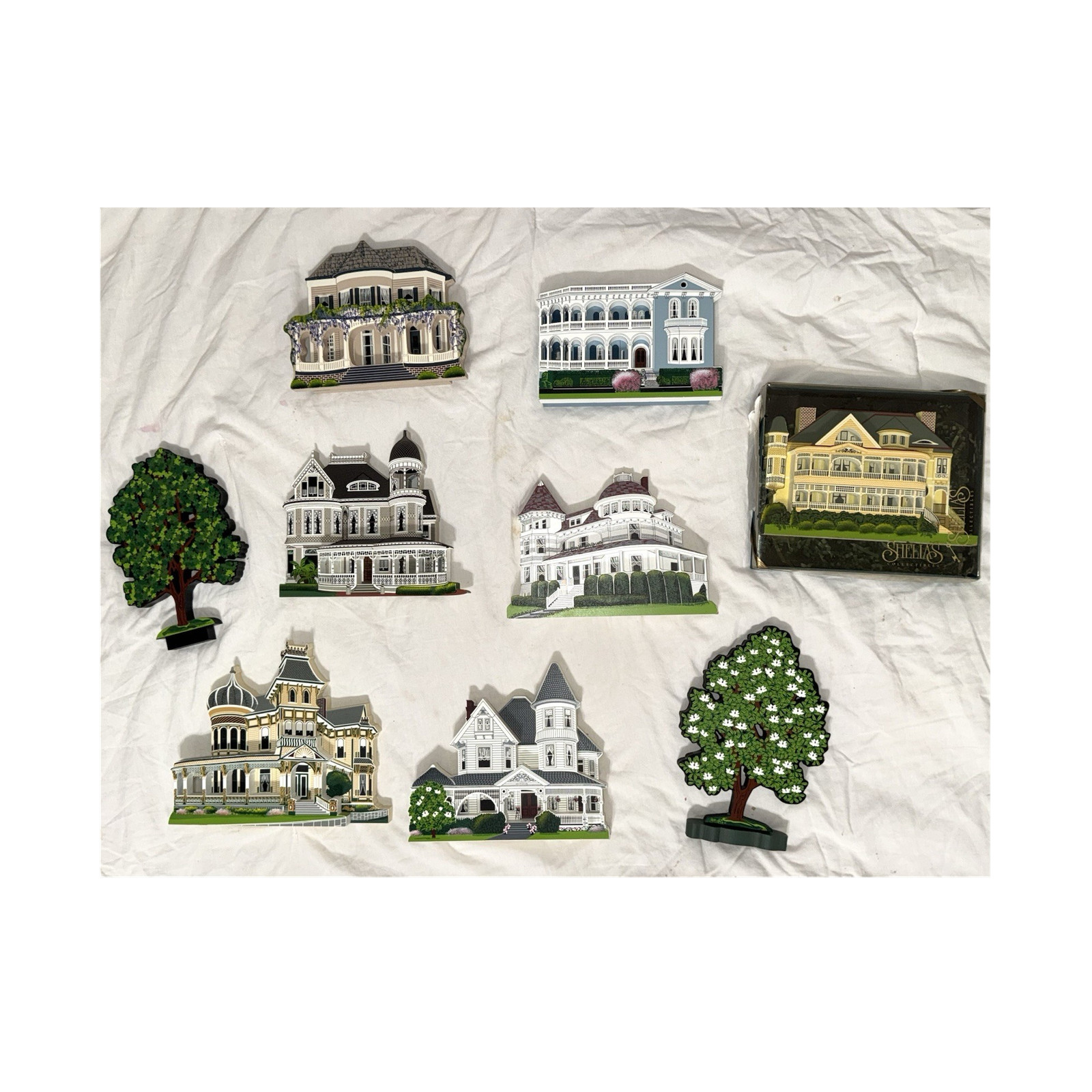 Shelia’s Collectibles Painted Wooden Victorian Houses 9pc Set lot