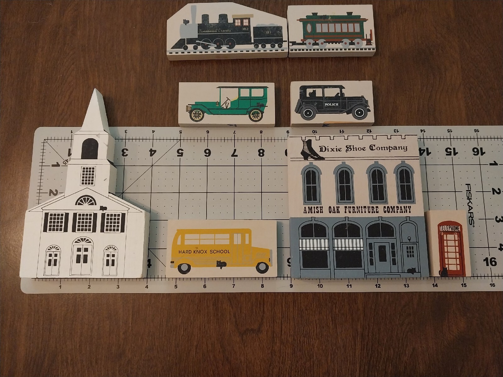 The Cat’s Meow Village Painted Wood Train Church Cars Amish Furniture School Bus